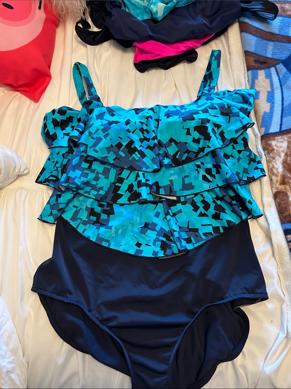 Girls' Navy & Teal Ruffle One-Piece Swimsuit
